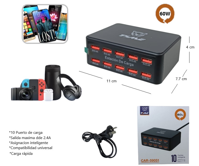   ESTACION DE CARGA 10 PUERTOS USB 60W